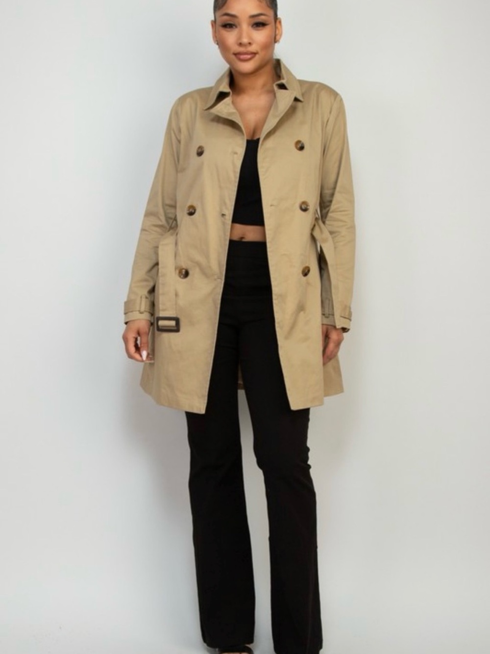 Classic Khaki Double-Breasted Trench Coat with Belt - Picture 4 of 5